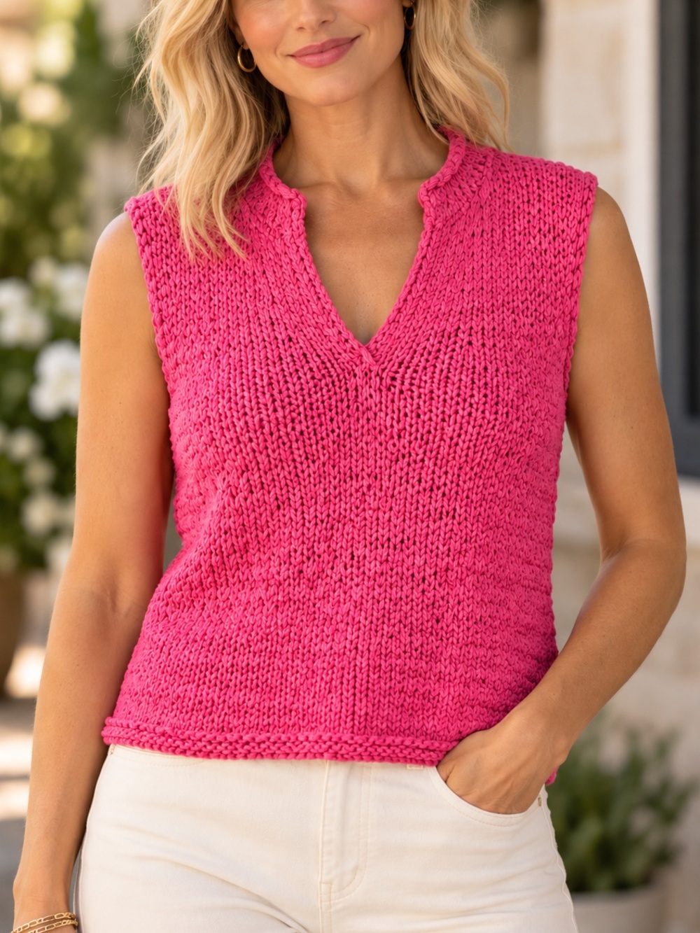 Sigrid Olsen Sz L Pink Cotton Textured Knit Sweater Roll V Neck Top Coastal